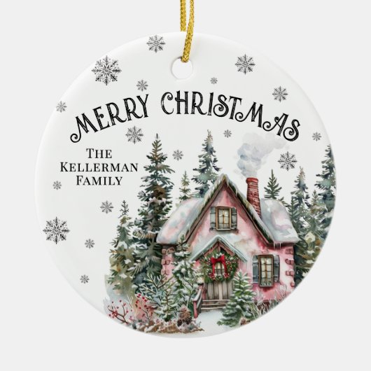 Festive Winter Cabin Merry Christmas Keramisch Ornament (Voorkant)