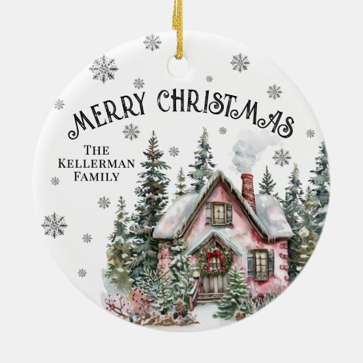 Festive Winter Cabin Merry Christmas Keramisch Ornament (Achterkant)