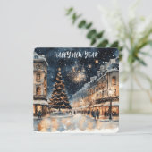 Festive Winter Cityscape with Fireworks  Feestdagenkaart (Staand voorkant)