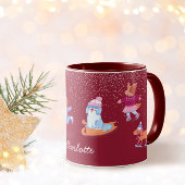 Festive Winter Cute Ice Skating  Dogs Red Name Mok