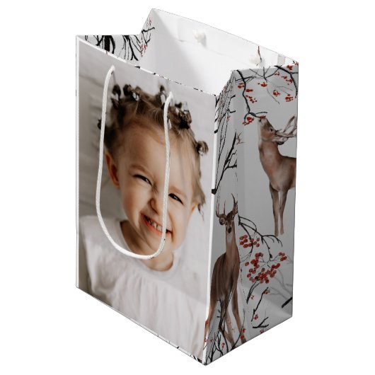 Festive Winter Deer Two Photo Kerstmis Medium Cadeauzakje (Voorkant Gekanteld)