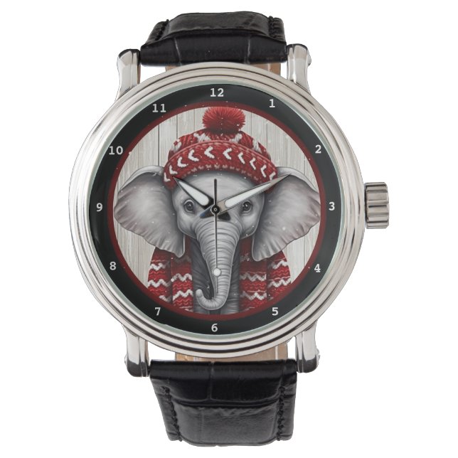 Festive Winter Elephant Wearing Cozy Hat Horloge (Voorkant)