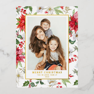 Festive Winter Floral Pattern Kerstfoto Folie Feestdagen Briefkaart