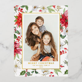 Festive Winter Floral Pattern Kerstfoto Folie Feestdagen Briefkaart