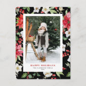 Festive Winter Flowers Pattern Black Foto Feestdagenkaart (Voorkant)