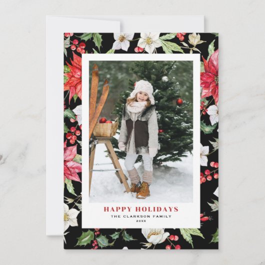Festive Winter Flowers Pattern Black Foto Feestdagenkaart (Voorkant)