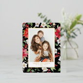 Festive Winter Flowers Pattern Black Foto Folie Feestdagen Briefkaart (Staand Voorkant)
