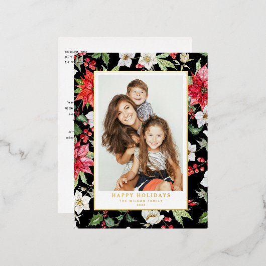 Festive Winter Flowers Pattern Black Foto Folie Feestdagen Briefkaart (Voorkant / Achterkant)
