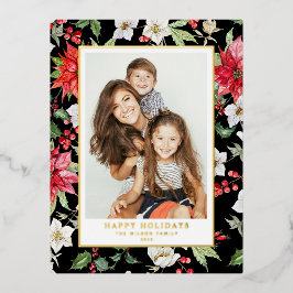 Festive Winter Flowers Pattern Black Foto Folie Feestdagen Briefkaart