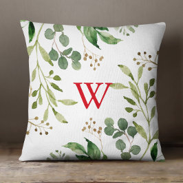 Festive Winter Greenery Waterverf Monogram Kussen