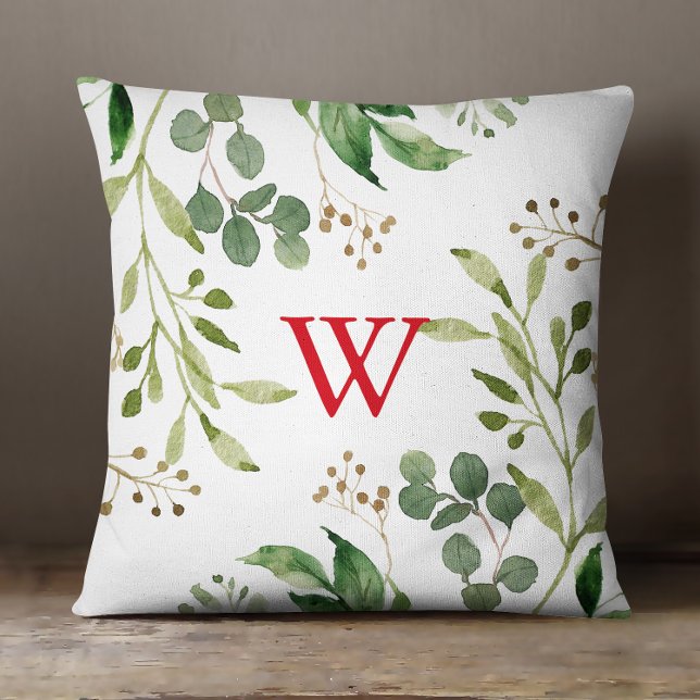 Festive Winter Greenery Waterverf Monogram Kussen (Creator heeft geüpload)