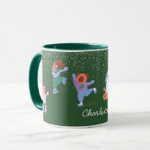 Festive Winter Iceskating Dogs Xmas Green Name Mug Mok (Voorkant links)