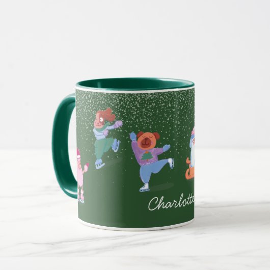 Festive Winter Iceskating Dogs Xmas Green Name Mug Mok (Voorkant links)