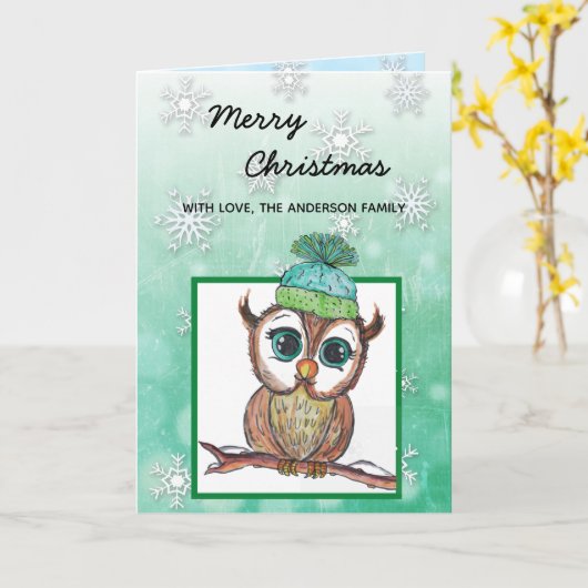 Festive Winter Owl Merry Kerstry Kaart (Gele Bloem)
