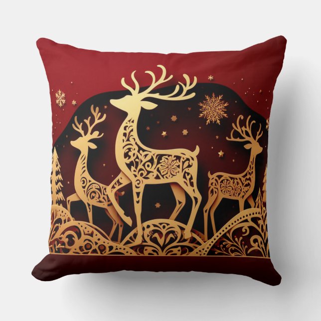 Festive Winter Reindeer – Ornate Forest Kussen (Voorkant)