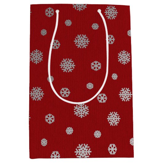 Festive Winter Silver Red Snowflakes Holiday Medium Cadeauzakje (Voorkant)