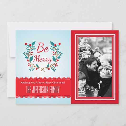 Festive Wreater Light Blue and Red Kerstfoto Feestdagenkaart (Voorkant)