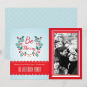 Festive Wreater Light Blue and Red Kerstfoto Feestdagenkaart (Voorkant / Achterkant)
