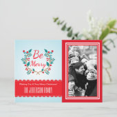 Festive Wreater Light Blue and Red Kerstfoto Feestdagenkaart (Staand voorkant)