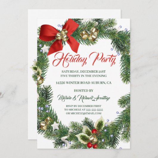 Festive Wreath Holiday Party Uitnodiging (Voorkant / Achterkant)
