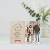 Festive Wreath & kerstfoto | Monogram Wooden Briefkaart (Staand voorkant)