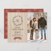 Festive Wreath & kerstfoto | Monogram Wooden Briefkaart (Voorkant / Achterkant)