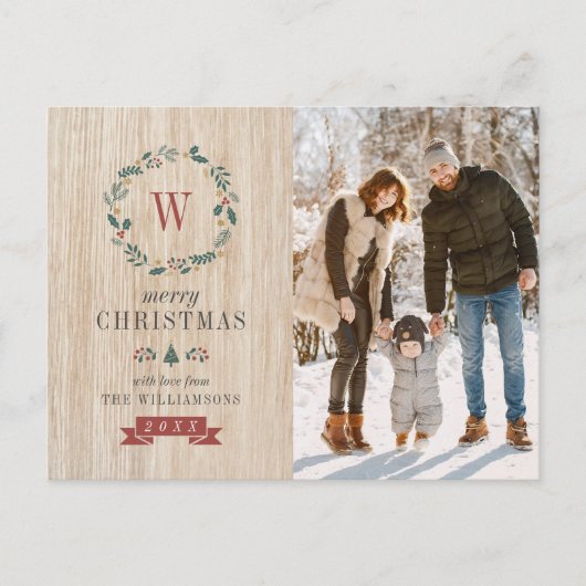 Festive Wreath & kerstfoto | Monogram Wooden Briefkaart (Voorkant)