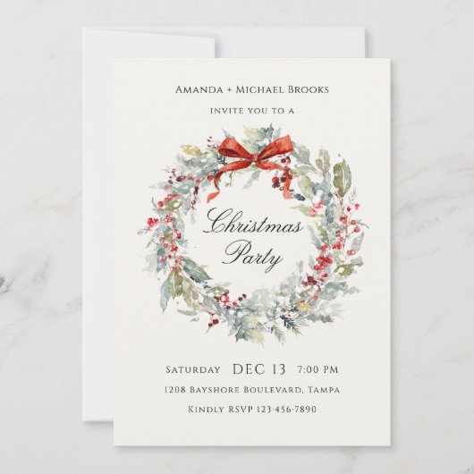 Festive Wreath Red Bow Christmas Party Kaart (Voorkant)