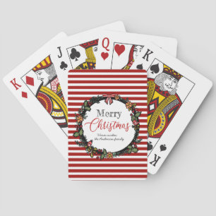Festive Wreath & Red Stripes Vrolijk kerstfeest Pokerkaarten