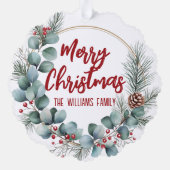 Festive Wreath with Red Berries and Eucalyptus  Ornament Kaart (Achterkant)