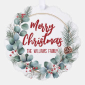 Festive Wreath with Red Berries and Eucalyptus  Ornament Kaart (Voorkant)