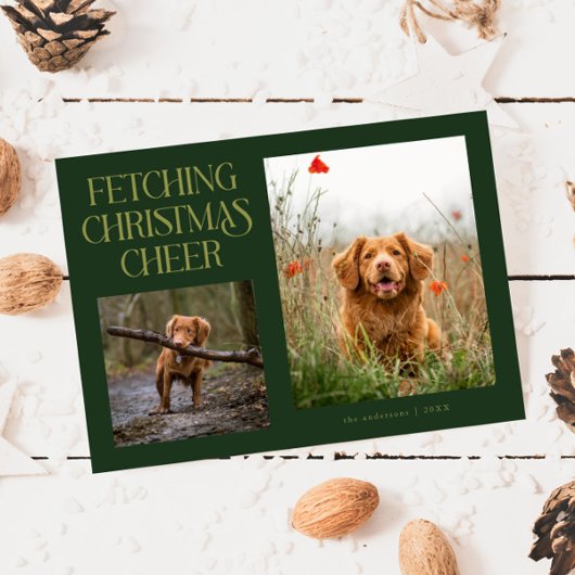 Fetching Christmas Cheer Green Dog Photo  Feestdagenkaart