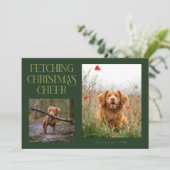 Fetching Christmas Cheer Green Dog Photo  Feestdagenkaart (Staand voorkant)
