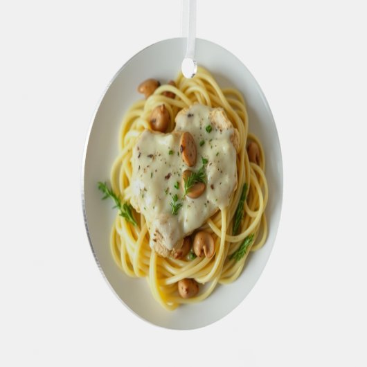 Fettuccini Alfredo Grappig Eten Kerstmis Metalen Ornament (Voorkant Rechts)