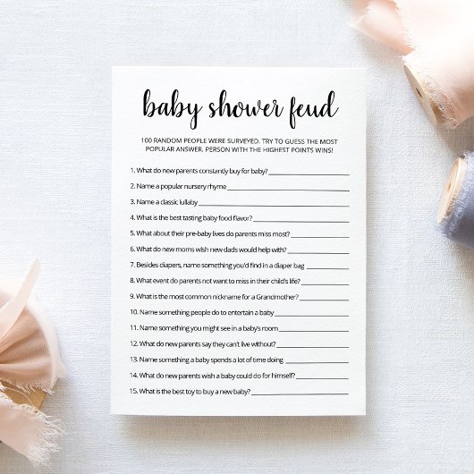 Feud spel met antwoorden Baby shower partij Kaart