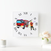 Feuerwehrmann und Löschfahrzeug Quadratische Wandu Vierkante Klok (Huis)