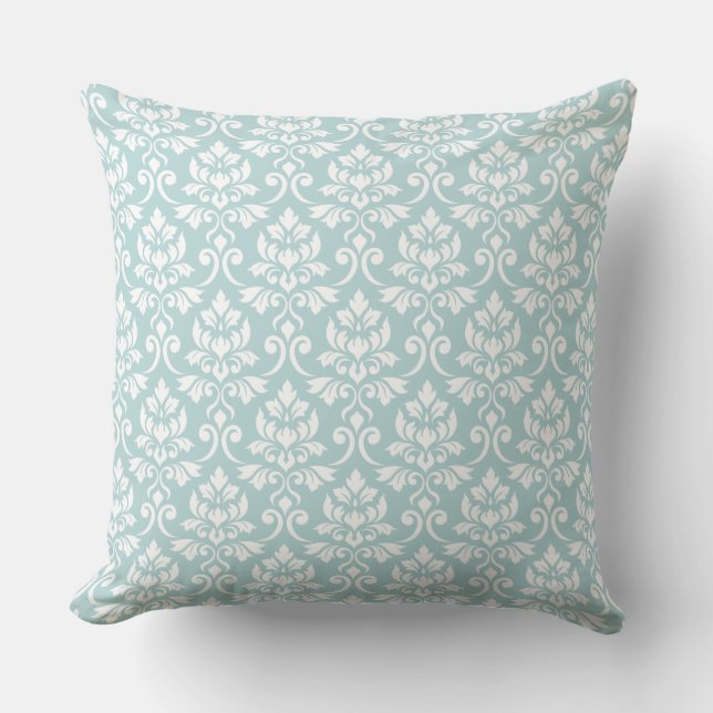 Feuille Damask 2Way Rpt Ptn Duck Egg Blue en White Kussen (Voorkant)