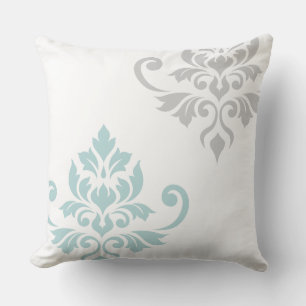 Feuille Damask Art I Duck Ei Blauw & Grijs op Wit Kussen