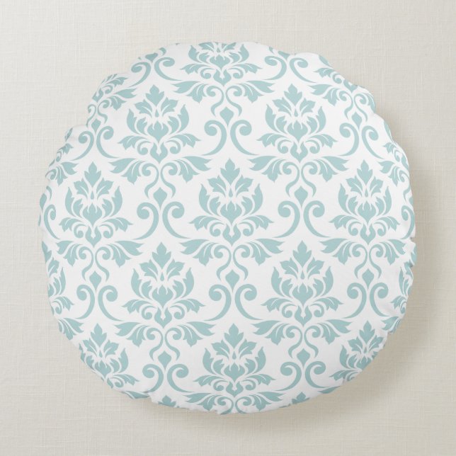 Feuille Damask Big Pattern Duck Egg Blue op White Rond Kussen (Voorkant)