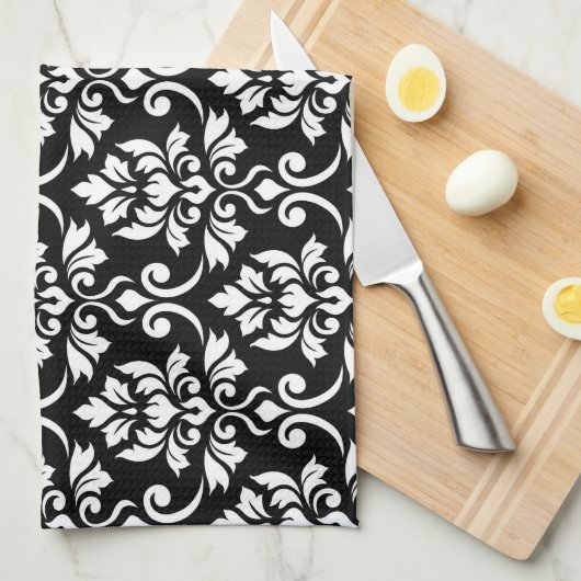 Feuille Damask Big Pattern White op Black Theedoek (Quarter Fold)
