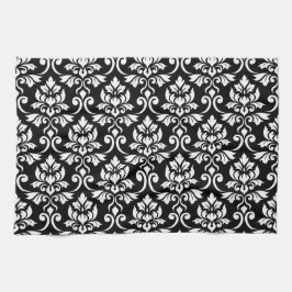 Feuille Damask Big Pattern White op Black Theedoek