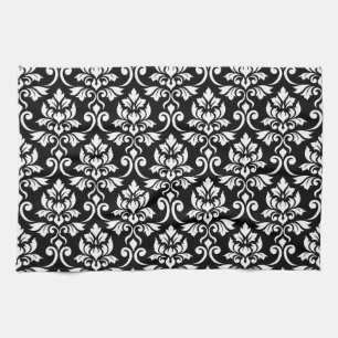 Feuille Damask Big Pattern White op Black Theedoek