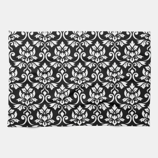 Feuille Damask Big Pattern White op Black Theedoek (Horizontaal)