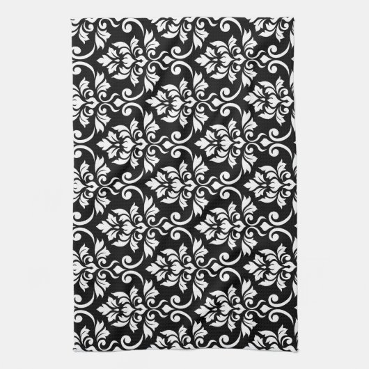 Feuille Damask Big Pattern White op Black Theedoek (Verticaal)