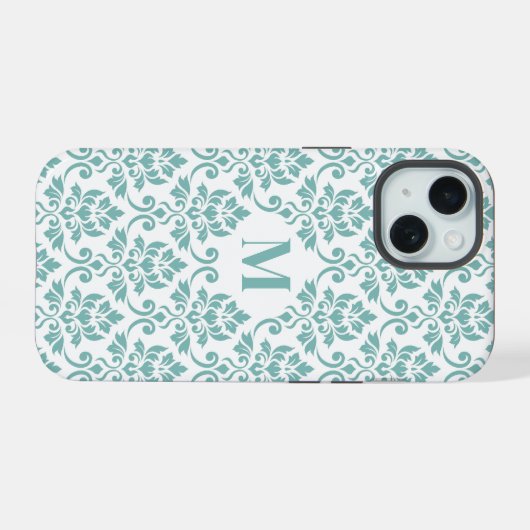 Feuille Damask Blauwgroen Pattern (Aangepast) iPhone 15 Case (Achterkant horizontaal)