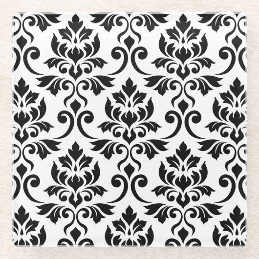 Feuille Damask Pattern Black op White Glazen Onderzetter (Voorkant)