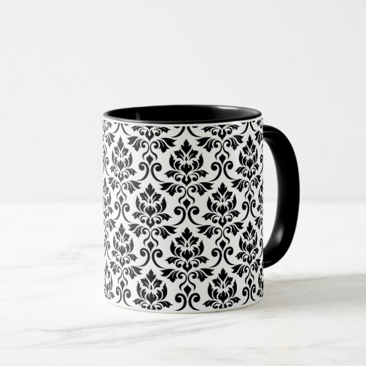 Feuille Damask Pattern Black op White Mok (Voorkant rechts)