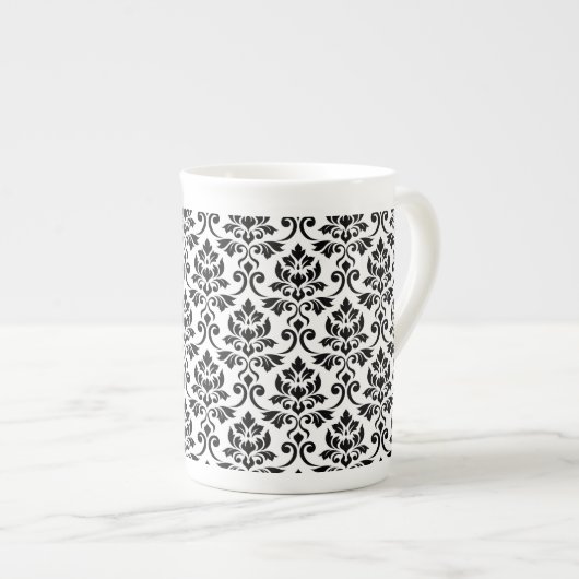 Feuille Damask Pattern Black op White Porselein Kop (Voorkant rechts)