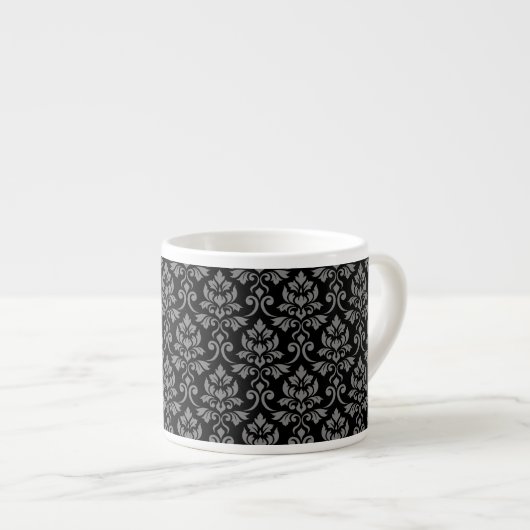 Feuille Damask Pattern Grey op Black Espresso Kop (Voorkant rechts)
