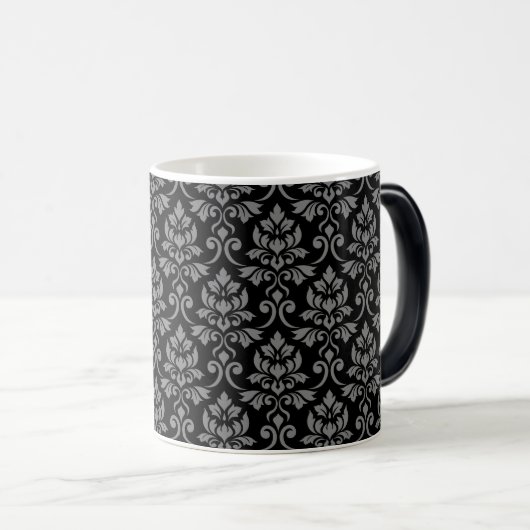 Feuille Damask Pattern Grey op Black Magische Mok (Voorkant rechts)